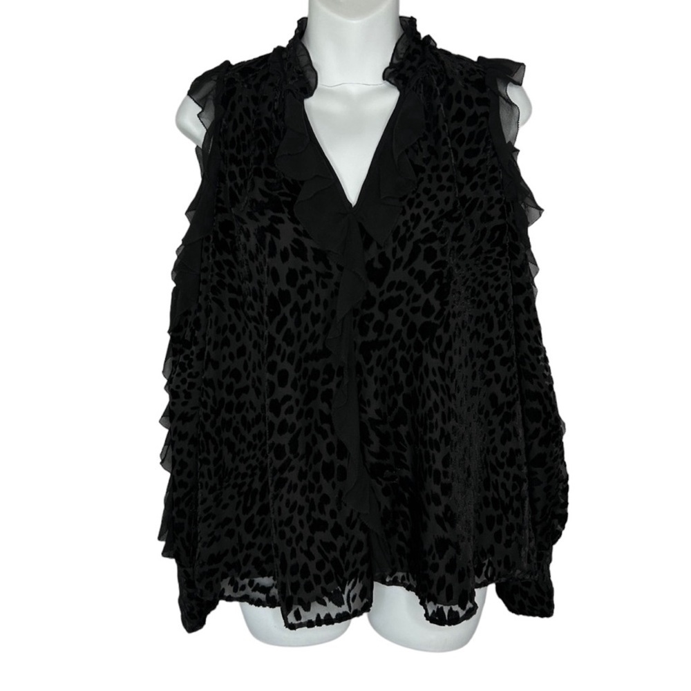 Parker Black Leopard Burnout Velvet Cold Shoulder Ruffle Blouse Small